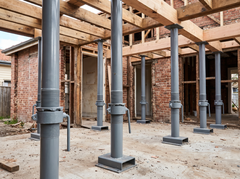 Adjustable steel shoring posts supporting floor joists during a Los Angeles renovation