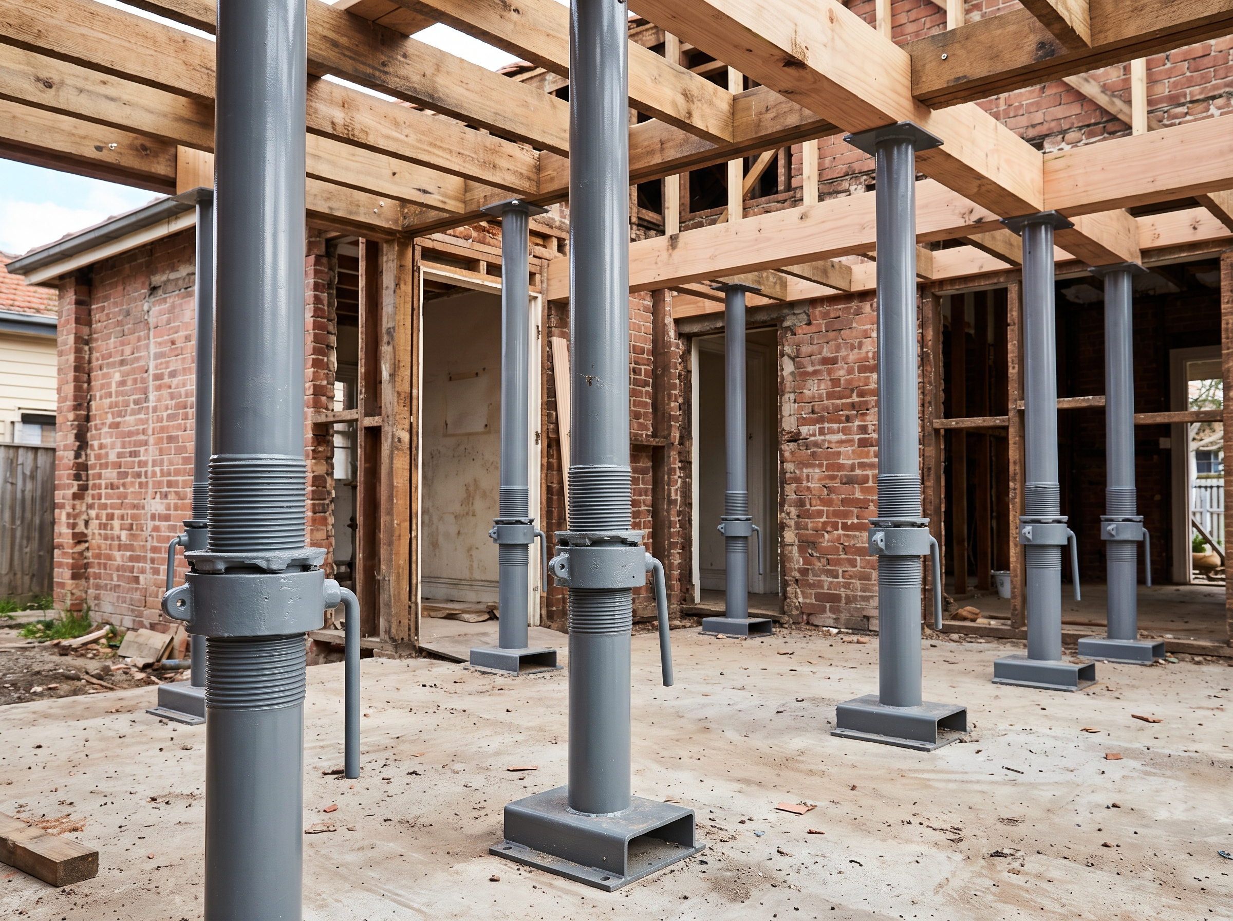 Adjustable steel shoring posts supporting floor joists during a Los Angeles renovation