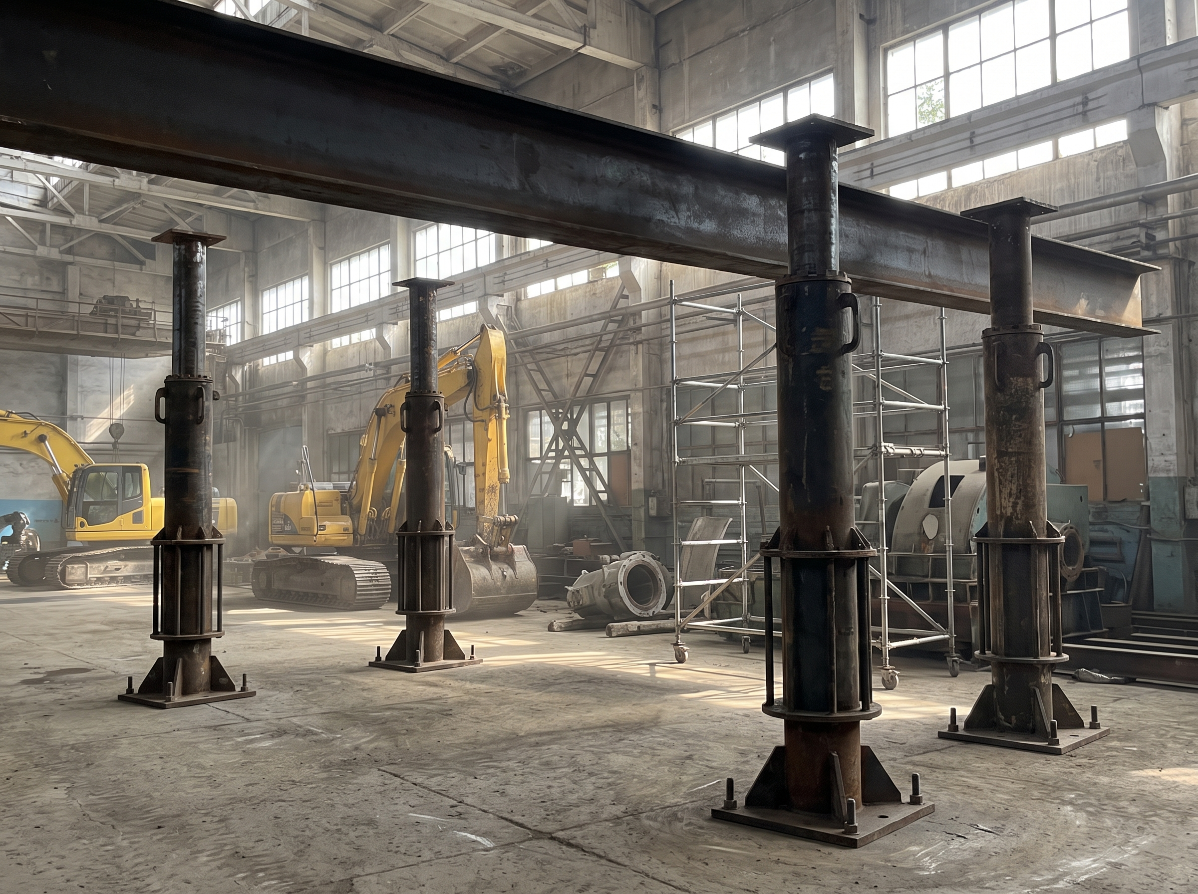 Heavy duty adjustable steel shoring posts supporting a structural beam in an industrial facility in Los Angeles