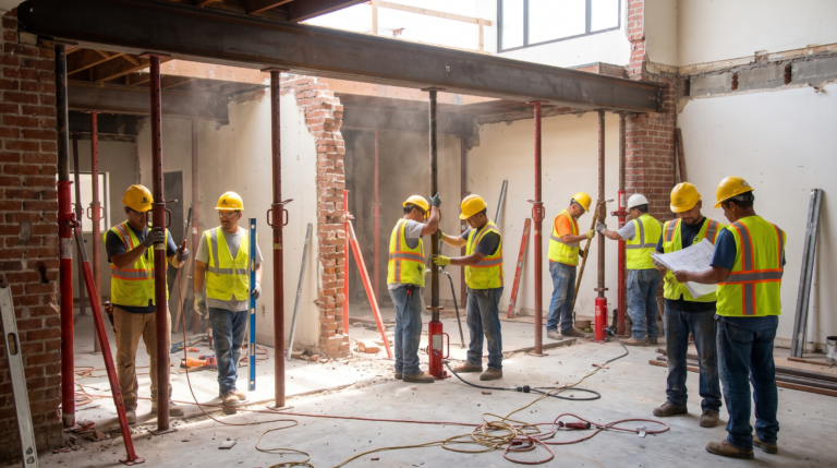 Contractor crew installing vertical shoring posts under a steel beam during a commercial renovation in Los Angeles